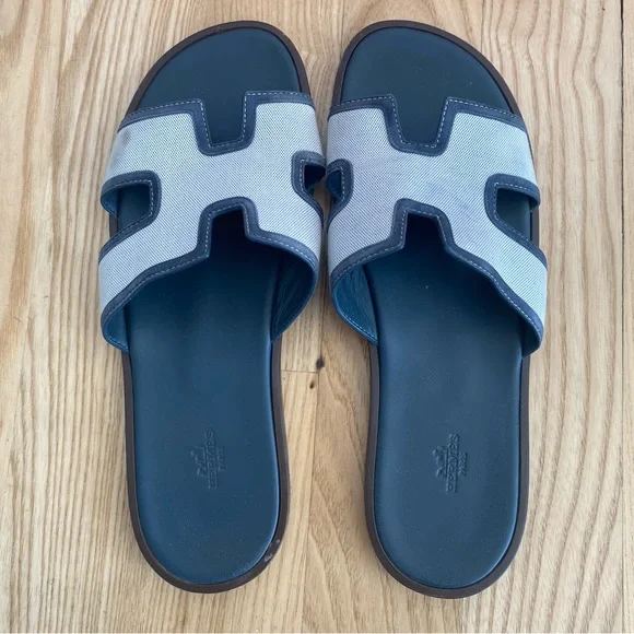 Hermes Izmir Leather Canvas H Sandal Blue Grey - Picture 3 of 9